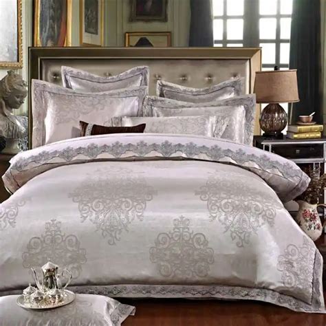 Silver Grey Stain Jacquard bedding set King Queen size 4pcs Lace duvet ...