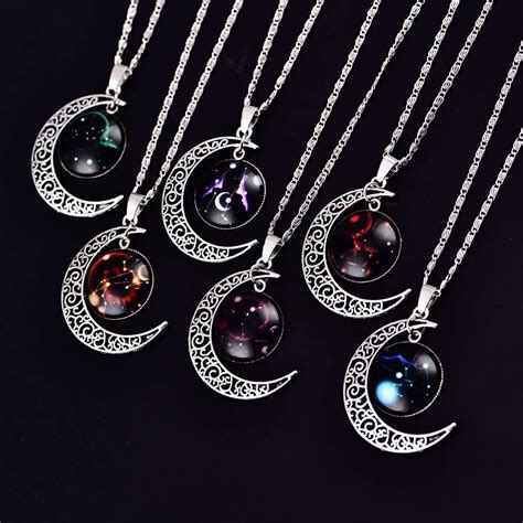 New 12 Constellation Zodiac Moon Pendants Necklaces for Women Vintage Silver Color Chain Pisces ...