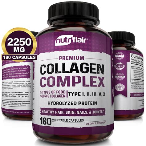 NutriFlair Multi Collagen Peptides Pills - 180 Capsules, 2250MG - Type I, II, III, V, X ...
