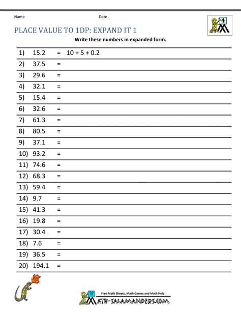 Decimal Place Value Worksheets 4th Grade