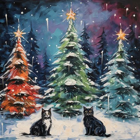 Christmas Cats In Wintry Forest Art Free Stock Photo - Public Domain Pictures