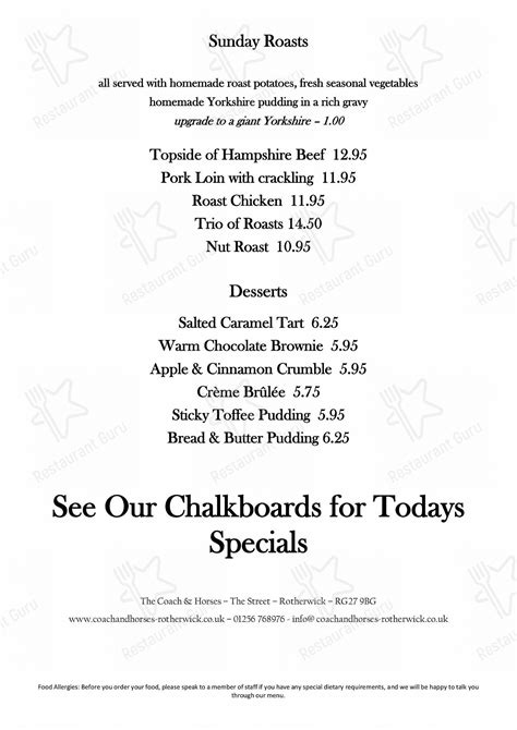 Menu at Coach & Horses Thorley pub & bar, Bishop's Stortford, Thorley St