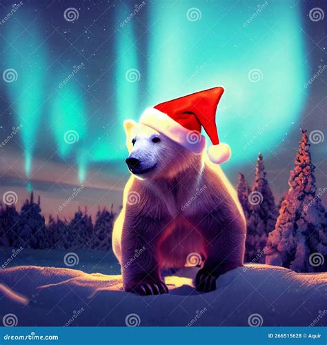 Christmas Polar Bear in the Winter Landscape. Polar Bear Santa. Magical Christmas Scenery Stock ...