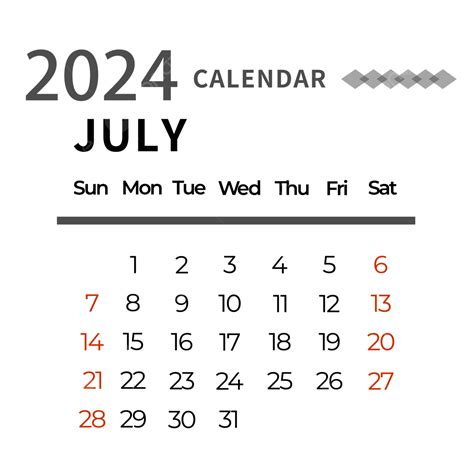 2024 July Calendar Simple Black, July, Two Thousand And Twenty Four, Calendar PNG and Vector ...