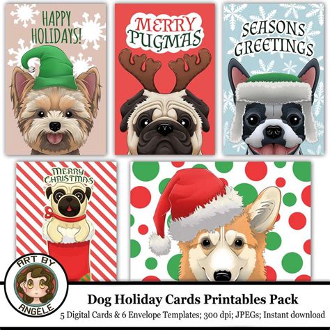 Dog CHRISTMAS Printable Cards, set of 5, PRINTABLE envelope, instant ...