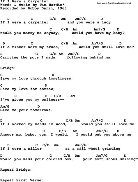 Song lyrics with guitar chords for If I Were A Carpenter - Bobby Darin ...