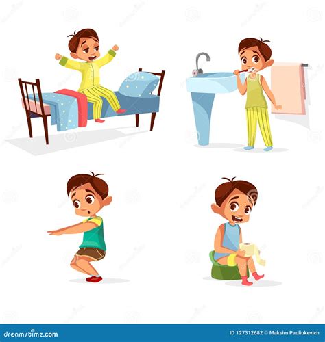 Cartoon Boy daily Morning Routine Activity Stock Illustration - Illustration of knowledge ...