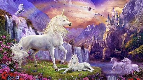 Fantasy Wallpaper Hd Unicorns Horse Castles Waterfalls, Mountains, Flowers, Birds | Unicorn ...