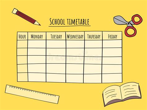 School Timetable Template on Yellow Background with Stationery Objects. Hand Drawn Illustration ...