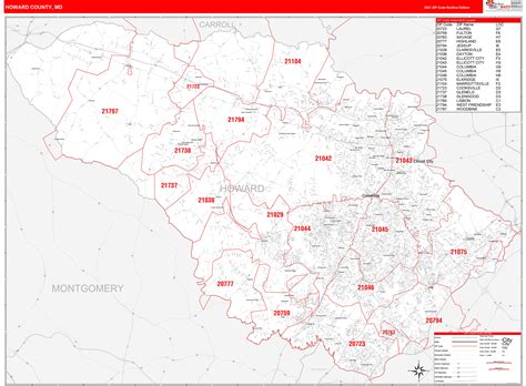 Howard County, MD Zip Code Wall Map Red Line Style by MarketMAPS - MapSales