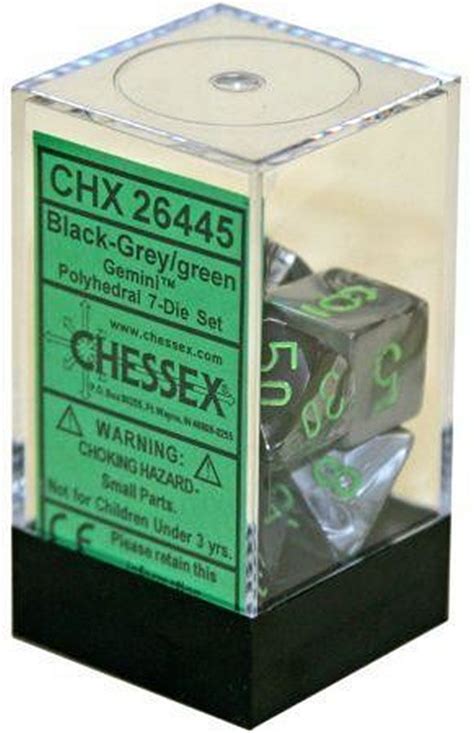 D7-Die Set Dice Gemini Polyhedral Black-Grey/Green (7 Dice in Display) - CHX26445 | Mwave