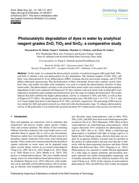 (PDF) Photocatalytic degradation of Dyes in Water by Analytical Reagent Grades ZnO, TiO2. and ...