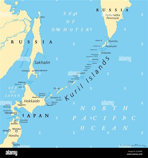 Kuril Islands political map. A volcanic archipelago part of Sakhalin Oblast in the Russian Far ...