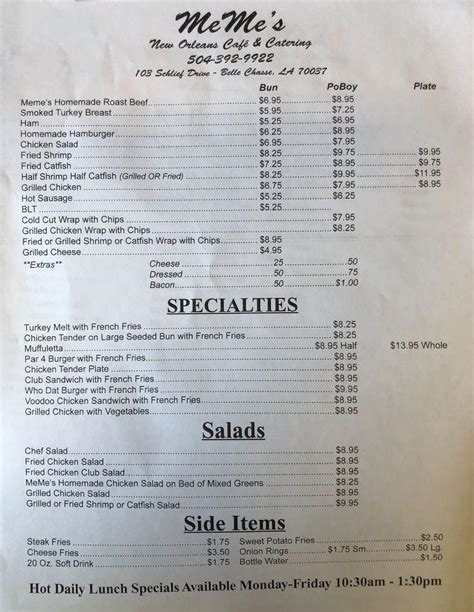 Menu at Meme's New Orleans Cafe, Belle Chasse