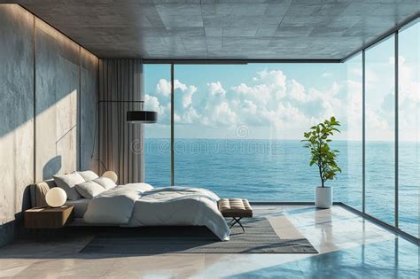 Minimalist Bedroom with Panoramic Ocean Sea View: Modern Coastal Interior Stock Photo - Image of ...