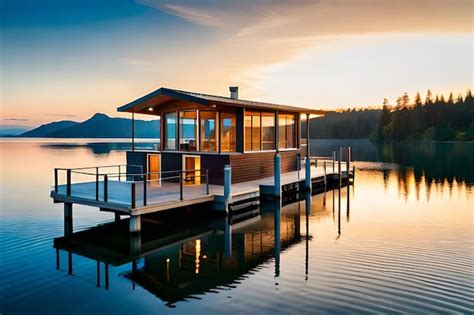 Premium AI Image | A house on a lake with a mountain in the background