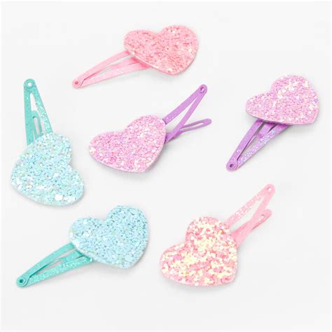 Claire's Club Glitter Heart Snap Hair Clips - 6 Pack | Claire's