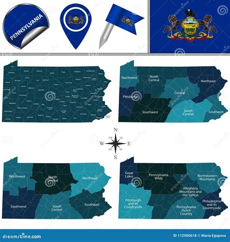 Map of Pennsylvania with Regions Stock Vector - Illustration of forest ...