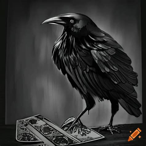 Black and white illustration of a raven and tarot cards on Craiyon