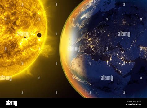 Earth, Venus, Mercury in orbit around the Sun. The suns diameter is about 109 times that of ...