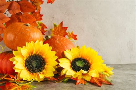 Free Photo | Pumpkins and sunflowers near autumn leaves