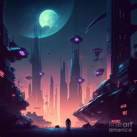 A futuristic city at night Digital Art by Somsong Artist - Pixels