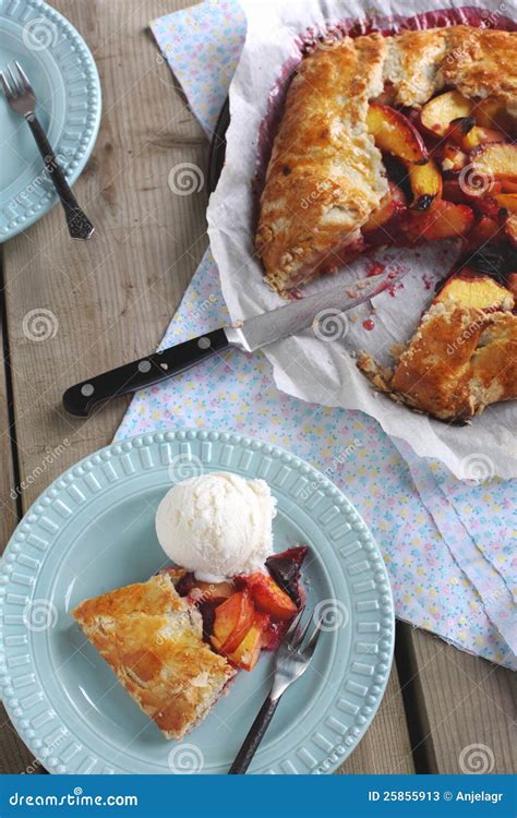 Peach and Plum Galette with Ice Cream Stock Image - Image of recipe ...