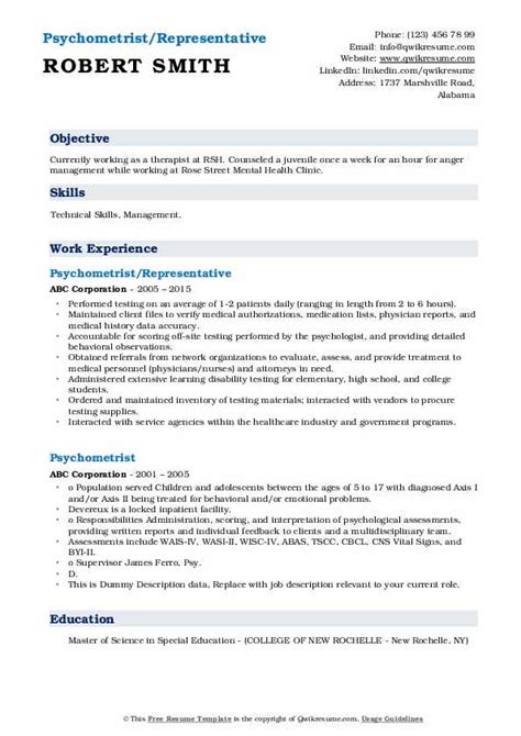 Psychometrist Resume Samples | QwikResume