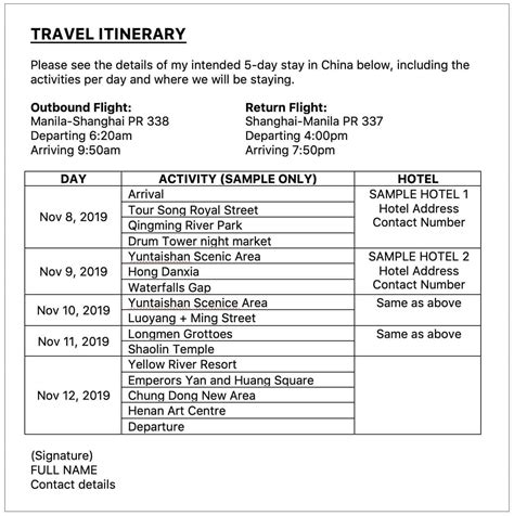 Travel Itinerary Template For Visa Application