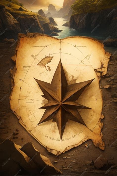 Premium AI Image | Weathered Treasure Map with 'X' Mark and Compass