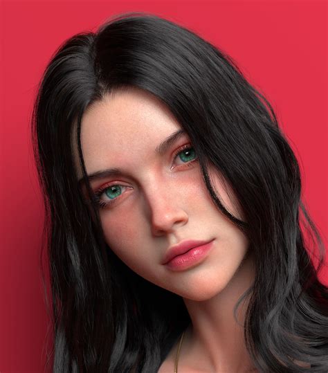 Chen Wang 3D CGi Render Face Women Looking At Viewer Dark Hair Green Eyes Closeup Red Background ...