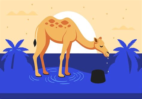 Premium Vector | Illustration of camel drinking water in a desert oasis