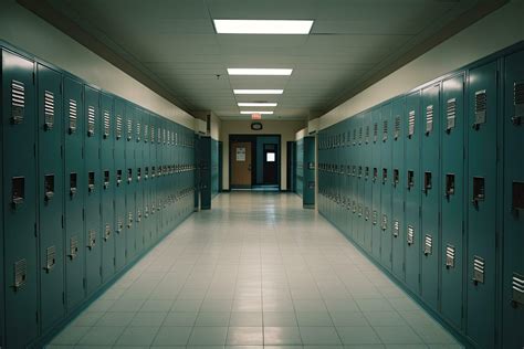 Interior of a school locker room with lockers and doors. An empty high ...