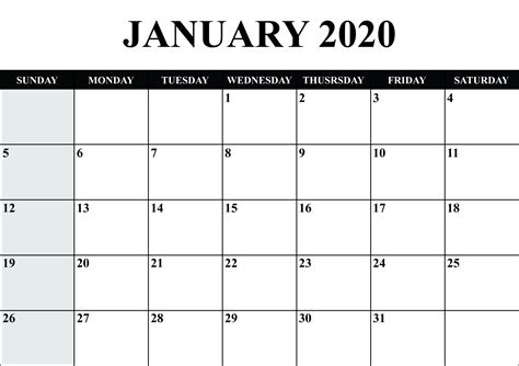 Blank Calendar January 2020 Printable Fillable Template Notes - Blank Printable Calendar