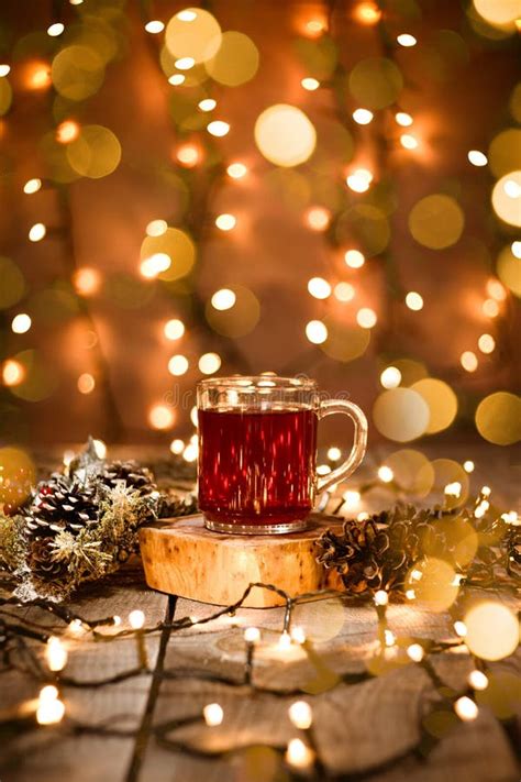 Holiday Scene of Fruit Tea in a Glass Mug with Decoration and Bokeh ...