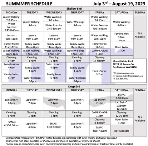 Summer Schedule Update (July 5 - August 19) - Mt. Rainier Pool