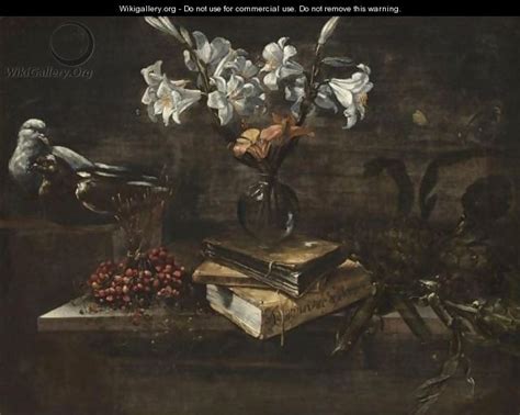 Still Life With A Vase Of Lilies In A Glass Vase Resting On A Pile Of ...