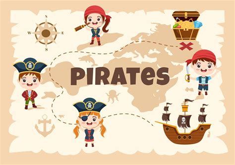 Pirate Cartoon Character Illustration with Treasure Map, Wooden Wheel, Chests, Parrot, Pirate ...