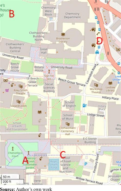 Map showing the four locations on the University of Leeds campus used... | Download Scientific ...