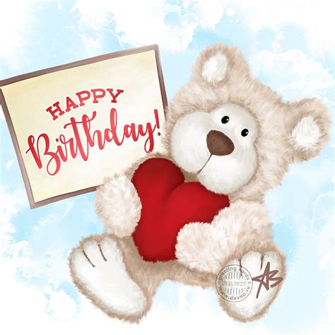 Beautiful Birthday Card with Teddy Bear and Red Heart - Download on Davno