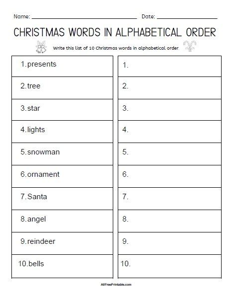 Christmas Words Alphabetical Order Worksheet – Free Printable