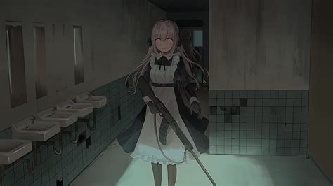 Anime girl, yandere, maid outfit, bathroom, mirror, scary, Anime, HD wallpaper | Peakpx