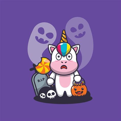 Cute unicorn cartoon character scared by ghost in halloween day 6594666 Vector Art at Vecteezy