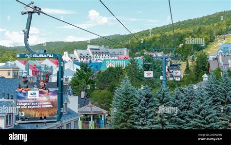 Sightseeing views by cable car at Mont Tremblant ski Resort in summer ...