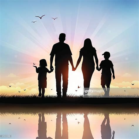 Vector illustration silhouettes of happy family walking at sunset... | Silhouette family, Family ...