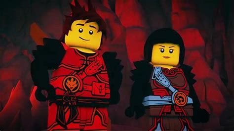 two legos dressed as knights standing next to each other in front of a cave