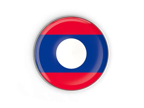 Round button with metal frame. Illustration of flag of Laos