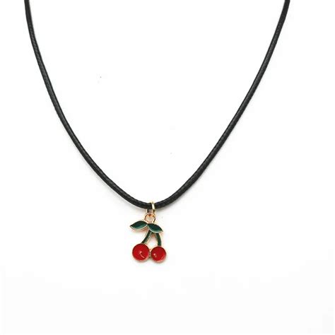 Cherry Pendant Necklace PU Leather Cord String Short Chain Necklace for ...