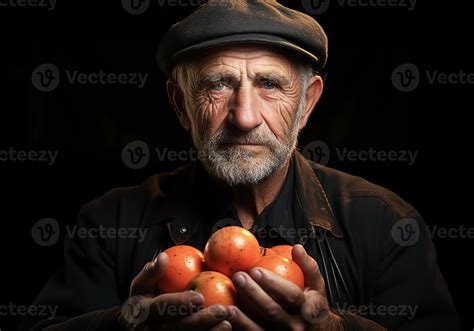 AI generated Portrait of elderly farmer man in his rustic kitchen with orange in his hands. Food ...