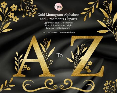 gold monogram alphabets and ornament clipart font with floral design on black satin background